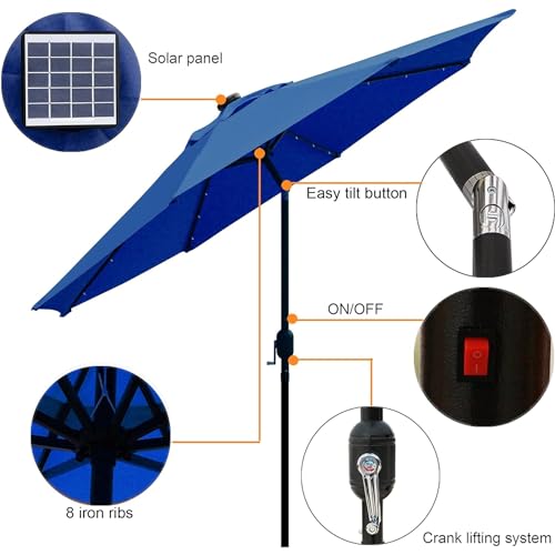 Image of Blissun 9 ft Solar Umbrella 32 LED Lighted Patio Umbrella Table Market Umbrella with Tilt and Crank Outdoor Umbrella for Garden, Deck, Backyard, Pool and Beach (Navy Blue)