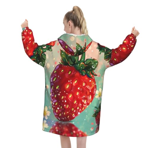 Couverture d'hiver chaude en flanelle premium imprimée fraise avec manches intégrées