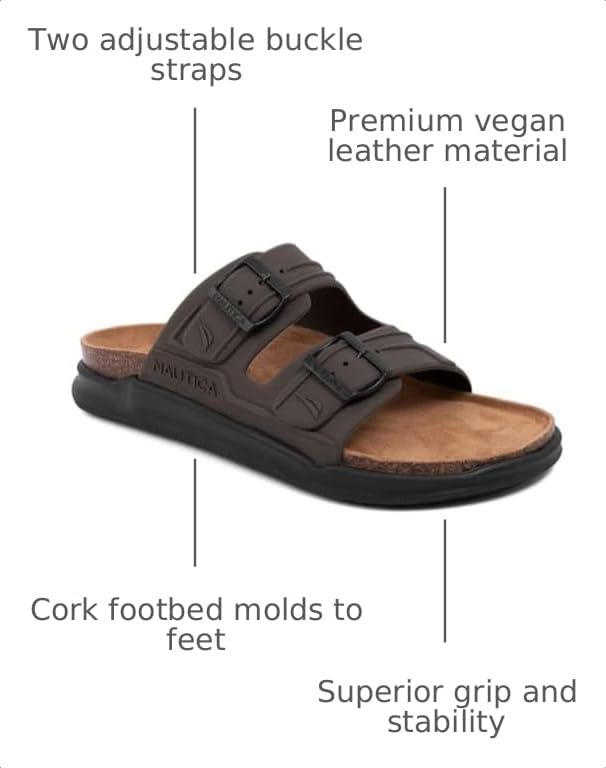 Image of Nautica Men's Sandals - Casual Slides with 2 Adjustable Buckle Straps and Cork Footbed for Ultimate Comfort and Style (Regular /Wide Width, Big Size)