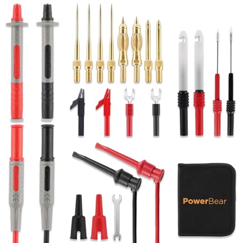 PowerBear 25PCS Multimeter Test Leads Kit with Storage Bag, Including Replaceable Wire Piercing Probes, Alligator Clips, Test Hook, Test Tweezer, Storage Bag, Needle Probes for Digital Clamp