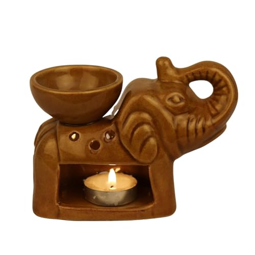Image of Pure Source India Ceramic Elephant Shape Aroma Oil Burner - Decorative Tealight Diffuser for Home Fragrance, Essential Oils & Aromatherapy (Brown)