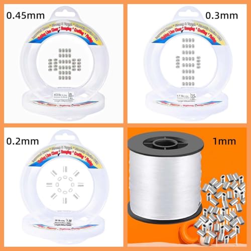 Aboda Heavy Duty Fishing Line 1mm 100lb Test 328 Ft Value Pack with Crimp Sleeves, Clear Monofilament Fishing Line - Strong Invisible Fishing Wire for Crafts, Hanging Decorations, and Pictures