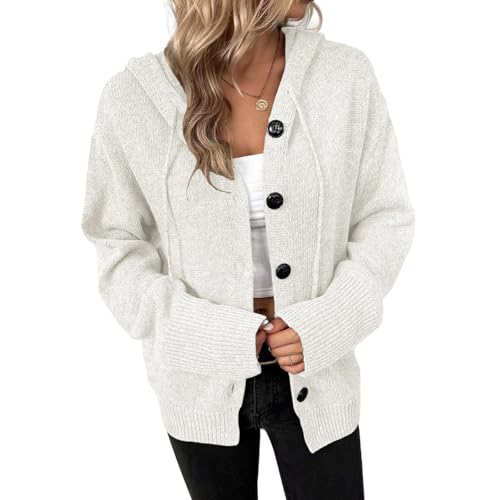 Blostirno Women's Casual Hooded Cardigan Sweaters V Neck Button Down Long Sleeve Kint Cardigans Coat