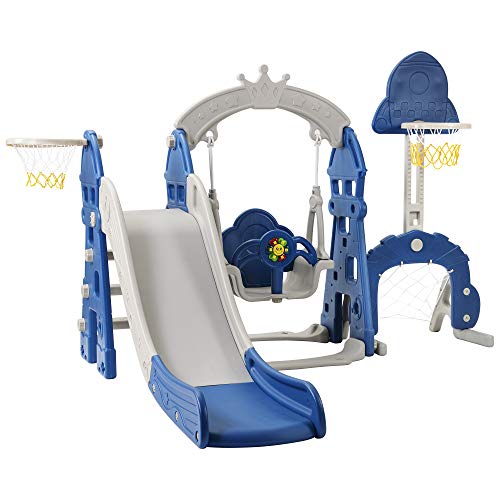 5 in 1 Kinder Spielplatz Mit Kinderrutsche & Kinderschaukel & Basketballkorb & Leiter, In- und Outdoor für 2-8 Jahre Kinder (Blau) Cover