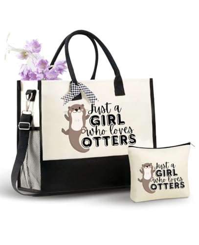 Bolsa Tote de Lona InnoBeta Tema Nutria con Cierre y Correa miniatura 1