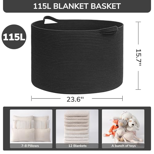 TIMEYARD 115L Extra großer schwarzer Deckenkorb, Hundespielzeugkorb Schuhkorb Spielzeugkiste Organizer für Kinder Dekorativer Wäschekorb für Zuhause & Wohnzimmer, 60x40 cm, schwarz