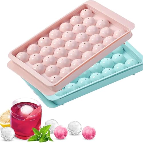 2 Pack Round Ice Cube Tray 33-Cell Silicone Ball Ice Cube Moulds Reusable Mini Sphere ICES Cubes Tray Easy to Remove ICES Ball Maker for Water Whiskey Cocktails Beverages Tea Coffee(Blue+Pink)