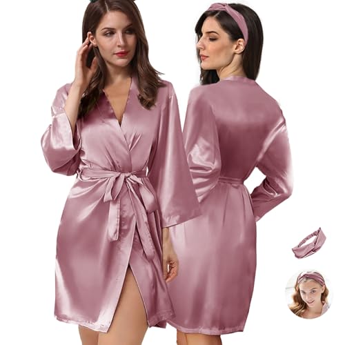 Image of WJing Yi Jia 2Pcs Womens Floral Kimono Robe Silk Robes Bride Bridesmaid Satin Robes Bridal Dressing Gown Silky Bathrobe