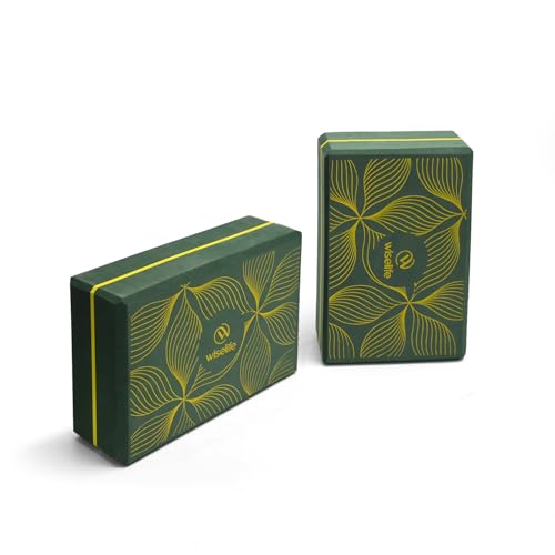 Image of WiseLife Printed Yoga Blocks | Yoga Brick (Pack of 2, Extra Large Size), High-Density EVA Foam Soft Surface for Balance, Support & Performance, Strength Training Exercise (Green Leaves)