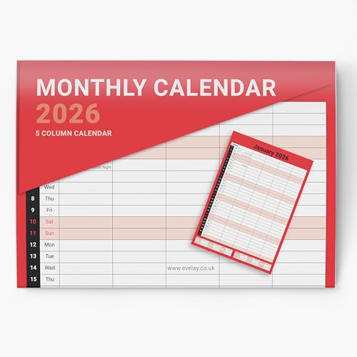 Calendario 2026 con 5 columnas para pared, planificador mensual, organizador familiar, color rojo, M2M
