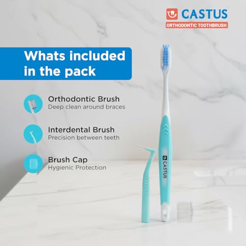 Image of Castus Orthodontic Combi Pack (Orthodontic Brush + Interdental Brush) | Pack of 2 (1 Blue + 1 Orange)