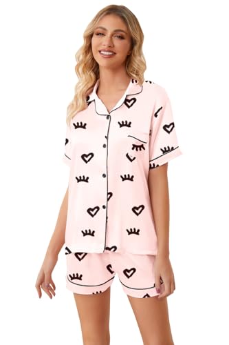 Image of Umeyda Women & Girls Pajamas Set, 2 Piece PJS Satin Silk Sleepwear Button-Down Top with Shorts for Mom Kids Gifts