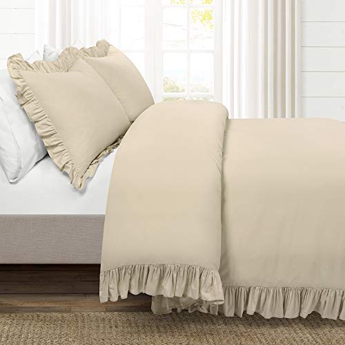 Image of Lush Decor Reyna Ruffle Cotton Duvet Cover Set 3 Piece Set Full / Queen, Wheat - Queen Size Bedding Set - Beige Duvet Queen- Ruffled Bedding - Coquette Decor