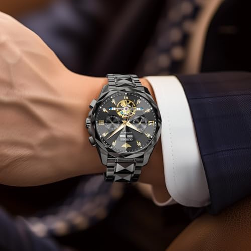 Image of OUPINKE Watch for Men Skeleton Self Winding Mechanical Automatic Luxury Dress Black Wrist Watch Waterproof Luminous Tungsten Sapphire Crystal