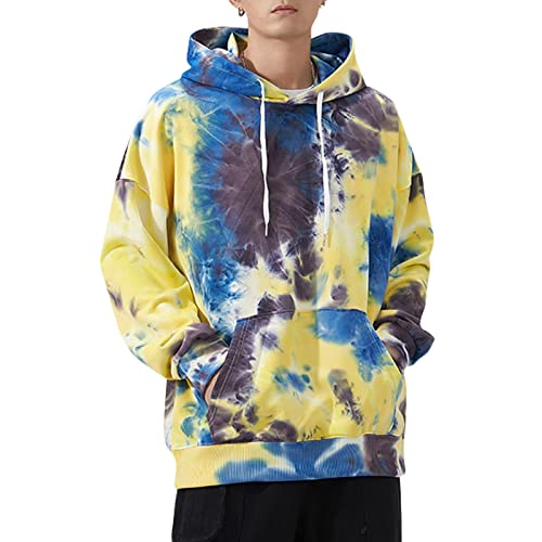 XIAOYAO Sweat à Capuche Unisexe, Teinture de Cravate Coulisse Manche Longue avec Poche Hiver Sweatshirts (Jaune, 2XL) Cover