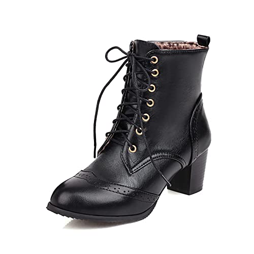Women's Ankle Boots Lace Up Block Stacked Heels Round Toe Shoes Dress Booties