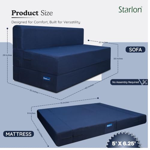 Image of Starlon 3 Seater Foldable Sofa Cum Bed 3-in-1 with Washable Jute Fabric Cover, Space Saving Guest Bed for Living Room & Apartment, Pre-Assembled Royal Navy Blue 5x6.25 Ft