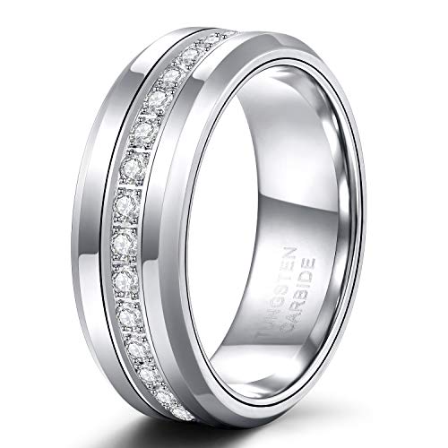 TRUMIUM 6mm 8mm Mens Tungsten Wedding Bands with Cubic Zirconia Eternity Ring CZ Inlaid Black Silver Tungsten Carbied Rings High Polish Size 7-13