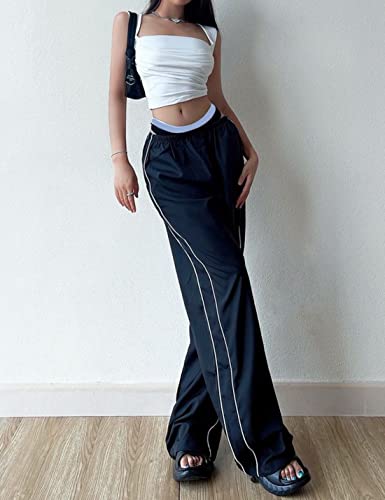 Women's Parachute Pants Baggy Track Y2K Black Elastic Waist Wide Leg Trousers3