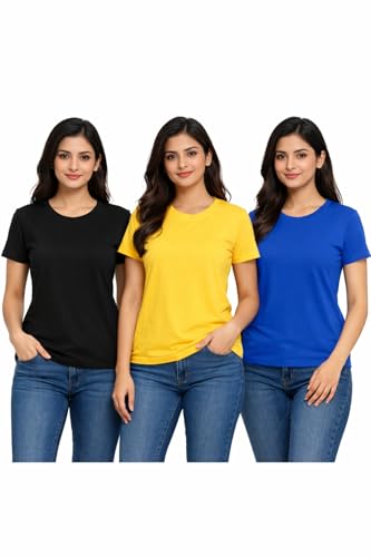 Image of Hangout Hub HH95 Tshirt for Womens | Regular Fit | Super Combed Cotton Women T-Shirt | Solid Plain Tees | Round Neck T Shirt | Half | Pack of 2 | 3 | 4 | 5 | 6