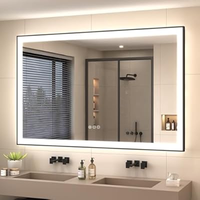 SMIROR 55x30 LED Bathroom Mirror with Black Frame Wall Mounted, Illuminated Vanity Mirrors with Lights, Dimmable, Anti-Fog, Memory, Shatterproof, ETL Listed (Front Lighted and Backlit)