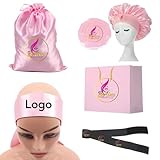 50 pcs/lot Custom Wig Storage Bags with Logo Paper Bags Custom Satin Bonnets Customized Edge Melt Elastic Bands Headband Edge Laying Scarf (Pink)