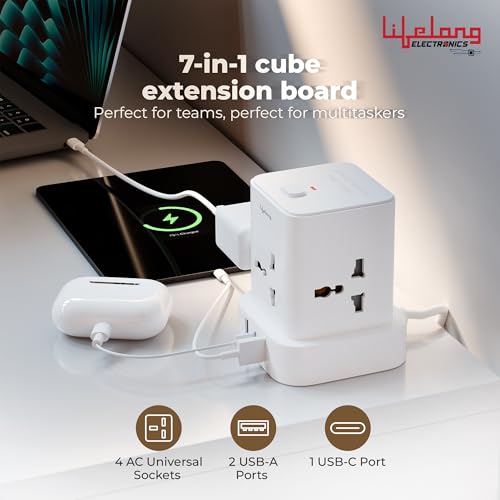 Lifelong Electronics Extension Board 7-in-1 with Switch | 4 AC Sockets + 3 USB Ports (2 Type A Quick Charge 3.0 + 1 Type C 20W PD) | Fast Charging | Overload Protection | 2M Cord (Model: Cube Plus) view 2