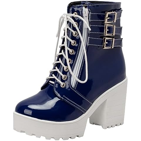 Parisuit Womens Goth Chunky Platform Combat Booties Lace Up High Heel Ankle Boots Fashion Patent Leather Shoes-blue size 10 Cover