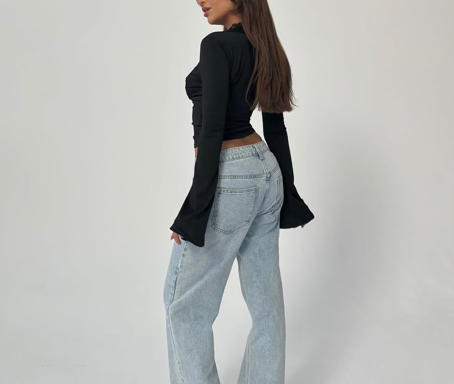 Women Lace Long Sleeve Going Out Tops Y2k Low Cut V Neck Slim Fitted Bell Sleeve Shirt3