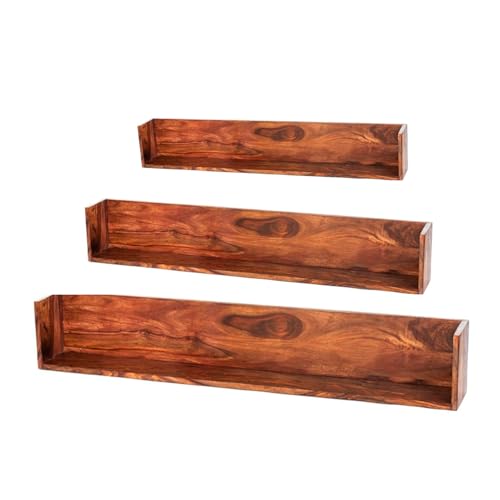 Image of Solid Wood Floating Wall Shelves (Set of 3) | Premium Wooden Wall Mounted Shelves for Living Room, Bedroom & Office Decor | Teak Finish | 28 /34 /46 Inch