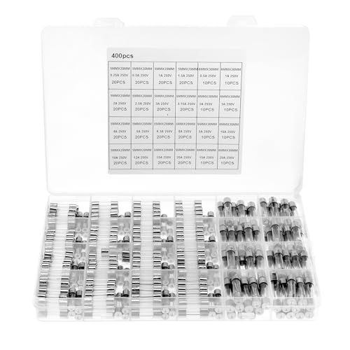 QWORK 400 Stück 24 Werten Glassicherungssortiment 5 x 20 mm 0 25 A-20 A Glassicherung Sicherungen für elektrische Geräte