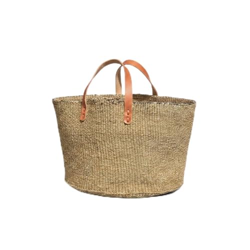 The African Home Goods Mifuka Woven Kiondo Storage Basket, Fair Trade, with Leather Handles, 19" D x 10" H, Beach Bag
