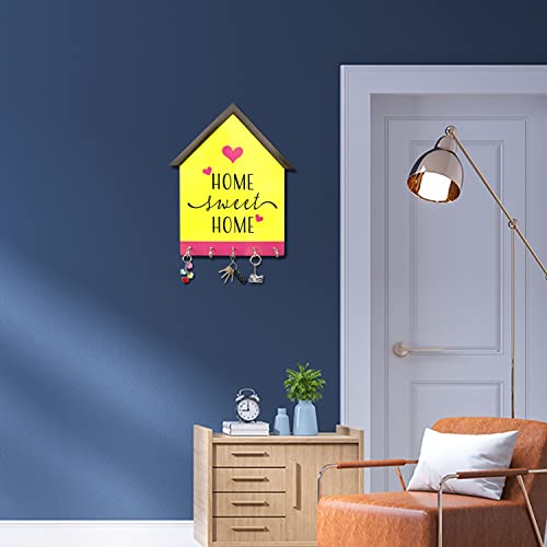Image of BEE CREATIVE Designer Colorful Wooden Key Holder for Home Decor Stylish | Key Holder for Home | Key Stand with 5 Hooks (Home Sweet Home)