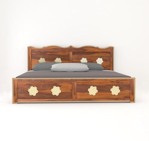 Image of Wooden King Size Bed with Storage | Double Bed Cot Bed with Box Storage and Traditional Brass Work for Bedroom & Hotel | Sheesham Wood | Honey Finish | Recommended Mattress Size: 78 X 72