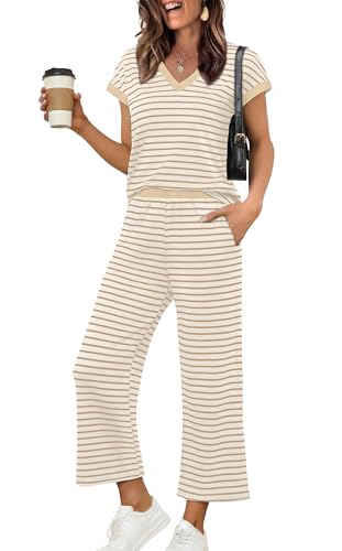 Sampeel Womens Pajama Sets Fashion Clothing Lounge Sets for Women Airport Travel Cruise Vacation Summer Outfits for Women Resort Wear Dressy Casual Color Block Khaki Beige Stripe L