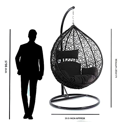 Image of Hindoro Rattan Wicker Wrought Iron Single Seater Swing Chair with Stand & Cushion & Hook Outdoor || Indoor || Balcony || Garden || Patio || Living Outdoor Furniture (Black with Brown, Oval)