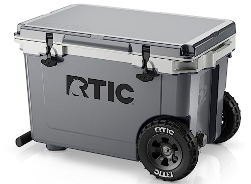 RTIC 52 Quart Ultra-Light Wheeled Hard Cooler Insulated Portable Ice Chest Box for Beach, Drink, Camping, Picnic, Fishing, Boat, Barbecue, 30% Lighter Than Rotomolded Coolers, Dark Grey & Cool Grey