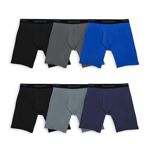 Fruit of the Loom Men's 4-Way Stretch Boxer Briefs | Lightweight & Moisture Wicking Underwear | Long, Regular Leg & Trunk, Long Leg - 6 Pack - Assorted Solids, Large