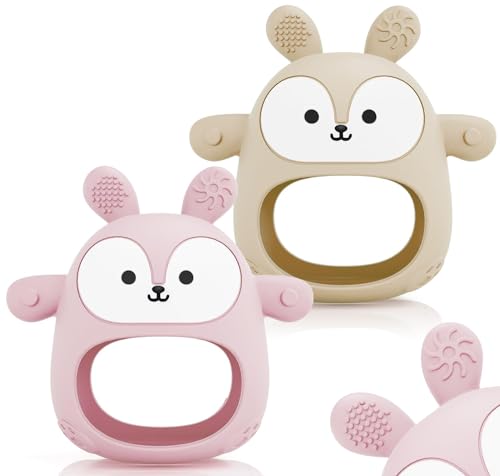 Image of HONGTEYA 2 Pack Silicone BPA Free Teething Toys for Babies 0-6 Months & 6-12 Months - Rabbit, Giraffe, Fruit-Shaped Teethers