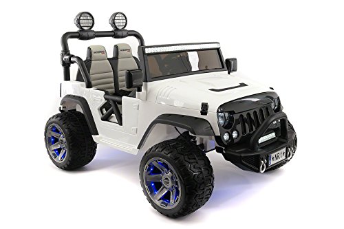 Explorer 2 (Two) Seater 24V Power Kids Ride-On Car Truck with R/C Parental Remote + EVA Rubber LED Wheels + Leather Seat + MP3 Music Player Bluetooth FM Radio + LED Lights (White)