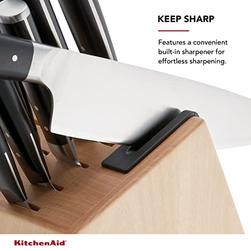Kitchenaid Gourmet 14 Piece Forged Triple Rivet Knife Block Set With Built In Knife Sharpener, High Carbon Japanese Stainless Steel Kitchen Knives, Sharp Kitchen Knife Set With Block, Birchwood #TOP3
