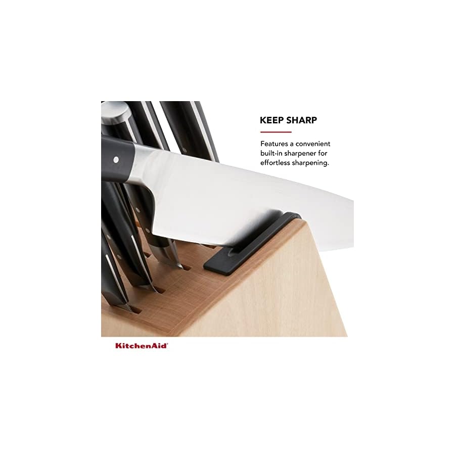 KitchenAid Gourmet Forged Triple Rivet Knife Block Set with Built-in Knife Sharpener, High Carbon Japanese Stainless Steel Kitchen Knives, Sharp Kitchen Knife Set with Block, Birchwood,14-Piece, Black