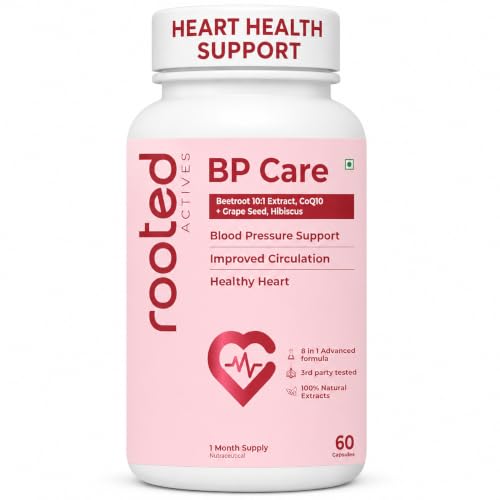 Image of Rooted Actives BP Care | Beetroot 10:1 Extract with CoQ10, Grape Seed, Hibiscus, L-Citrulline & Garlic | Circulation & Heart Wellness Support | 100% Veg Capsules | 60 Capsules - 1 Month Supply