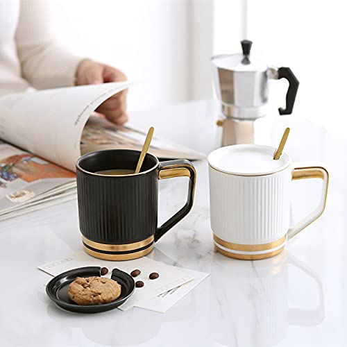 Caneca de café de cerâmica europeia com tampa e colher conjunto moda simples listrado caneca de leit