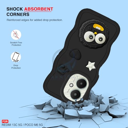 Image of AESTMO Back Case Cover for Redmi 13C 5G / Poco M6 5G | 3D Cute Fun Cartoon Characters | Anti Slip Grip Cute Wave Curly Frame Shape | Back Cover for Redmi 13C 5G / Poco M6 5G | (Black)