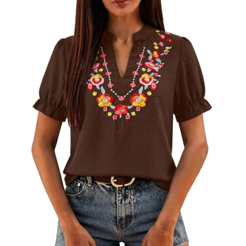 T-shirt d'été pour femme ample et léger anti-chaleur col en V brodé