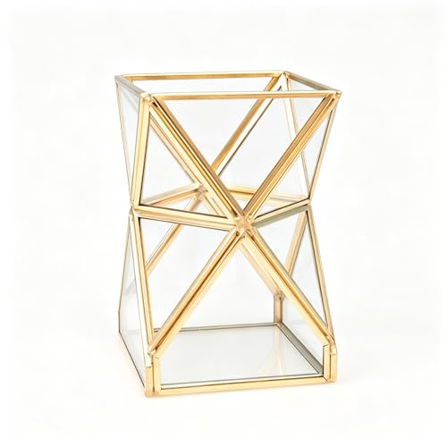 JIARI Glass Pen Holder Cup for Desk, Pencil Cup Holder, Gold Brass Frame Glass Pen Cup for Desk Office Pen Organizer 3.7 x 3.7 x 5.7 inche (Pencil Holder-D07B)