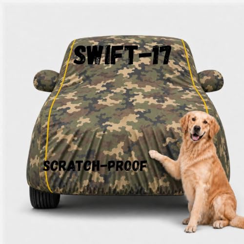 Image of 3 Layer Waterproof Car Body Cover for Old Swift All Weather Protection Comes with Inner Cotton Lining & Triple Stitched with Mirror & Antenna Pocket Belt & Elastic Fit (Army)