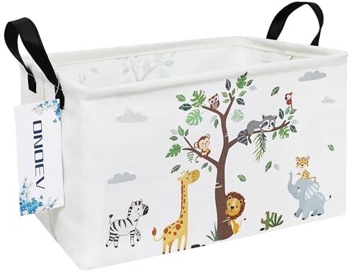 Image of Rectangular Tree Animals Laundry Storage Bin for Adults and Kids | Damp resistant canvas fabric, sturdy stitched carry handles, foldable design organizes closet and playroom daily supplies