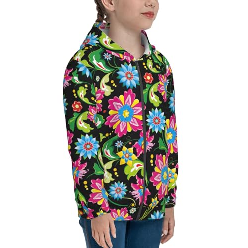 Vector Mexican Otomi Style Bright Kids Pullover Hoodies Boys Zip Up Sweatshirts Girls Athletic Clothes with Pocket4